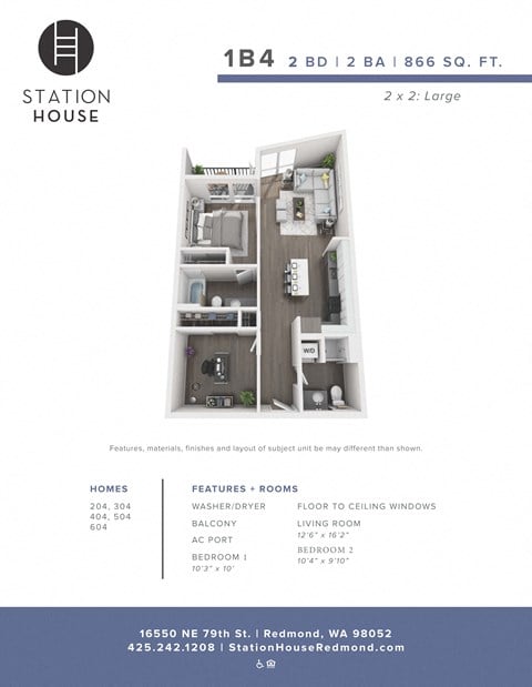 Floor plan for 2 beds, 1.8 baths, 866 sqft
